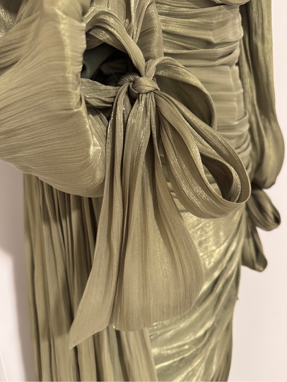 Olive Green Draped Evening Dress with Bow Detail - Picture 5 of 9